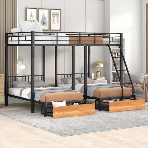 Full Over Twin & Twin Bunk Bed, Metal Triple Bunk Bed with Drawers and Guardrails, Black - Metal & Wood - Metal & Wood