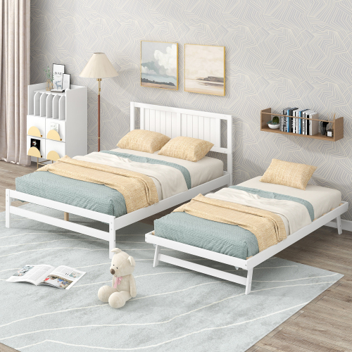 Full Size Platform Bed with Adjustable Trundle, White - Pine