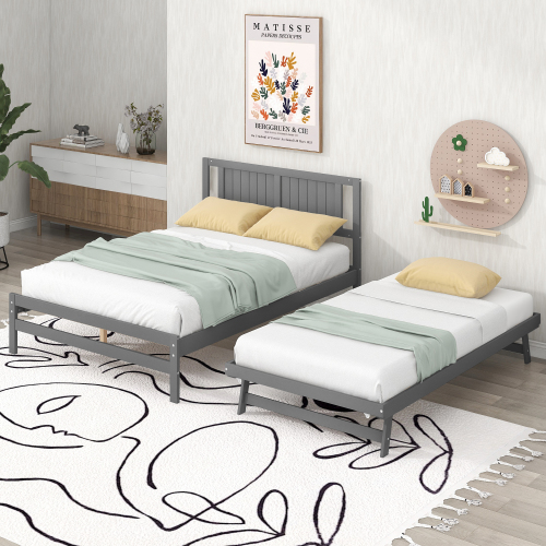 Full Size Platform Bed with Adjustable Trundle,Gray(Old SKU:SM000248AAE) - Pine