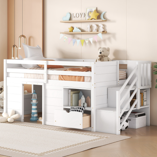 TWIN BED, SOLID WOOD TWIN SIZE LOW LOFT BED WITH STAIR, DRAWER, AND SHELF OF WHITE COLOR - Pine