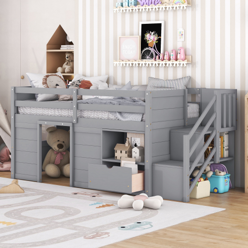 TWIN BED, SOLID WOOD TWIN SIZE LOW LOFT BED WITH STAIR, DRAWER, AND SHELF OF GREY COLOR - Gray - Pine