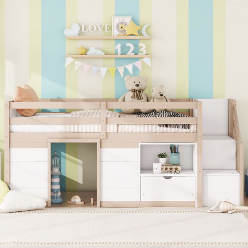 SOLID WOOD TWIN SIZE LOW LOFT BED WITH STAIR, DRAWER, AND SHELF FOR CREAM + WHITE COLOR - Cream& White - Particle Board,Pine,Plywood - Bedroom - Box Spring Not Required - Kids - Not Specified - Not Specified