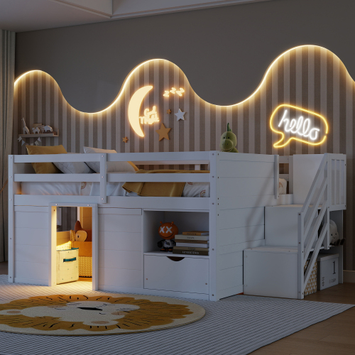 Full Size Solid Wood Low Loft Bed Frame with Built-in Stairs, Storage Drawer, Shelf and 7 Colors LED Light for Kids Bedroom,White - Partice Board+MDF+Pine Wood,Plywood - Box Spring Not Required - Pine - Not Specified