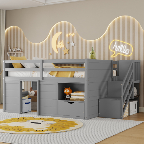 Full Size Solid Wood Low Loft Bed Frame with Built-in Stairs, Storage Drawer, Shelf and 7 Colors LED Light for Kids Bedroom,Gray - Partice Board+MDF+Pine Wood,Plywood - Not Specified - Box Spring Not Required - Pine
