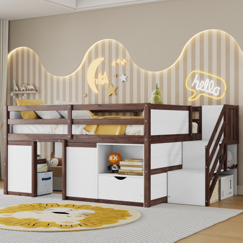 Full Size Solid Wood Low Loft Bed Frame with Built-in Stairs, Storage Drawer, Shelf and 7 Colors LED Light for Kids Bedroom,White + Walnut. - Walnut & White - Partice Board+MDF+Pine Wood,Plywood - Not Specified - Box Spring Not Required - Pine - Not Specified