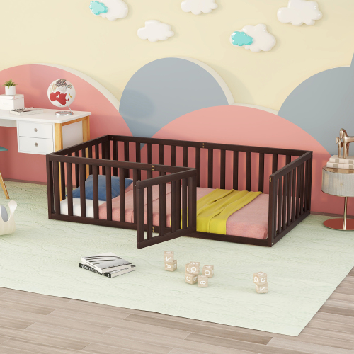 Twin Size Wood Floor Bed Frame with Fence and Door, Walnut(OLD SKU :WF289661AAL) - Solid Wood