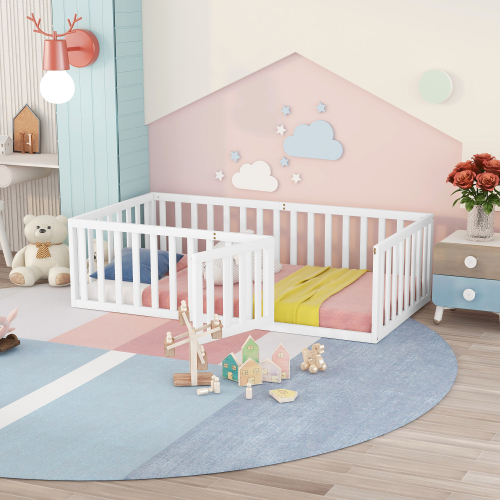 Twin Size Wood Floor Bed Frame with Fence and Door, White(OLD SKU :WF289661AAK) - Solid Wood