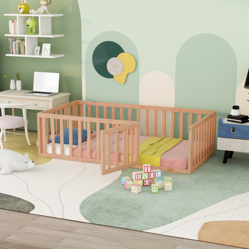 Twin Size Wood Floor Bed Frame with Fence and Door, Natural(OLD SKU :WF289661AAM) - Solid Wood