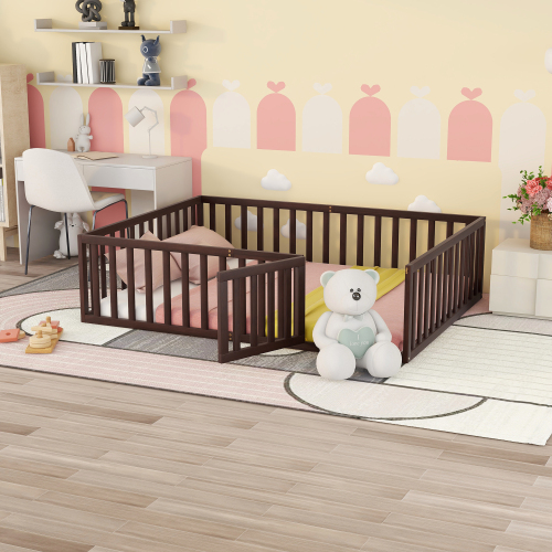 Queen Size Wood Floor Bed Frame with Fence and Door, Walnut(OLD SKU:WF289663AAL) - Solid Wood - Not Specified - Not Specified