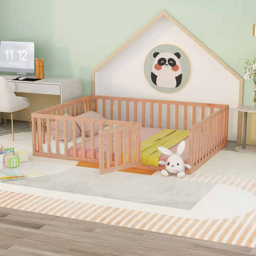 Queen Size Wood Floor Bed Frame with Fence and Door, Natural(OLD SKU:WF289663AAM) - Solid Wood - Not Specified - Not Specified
