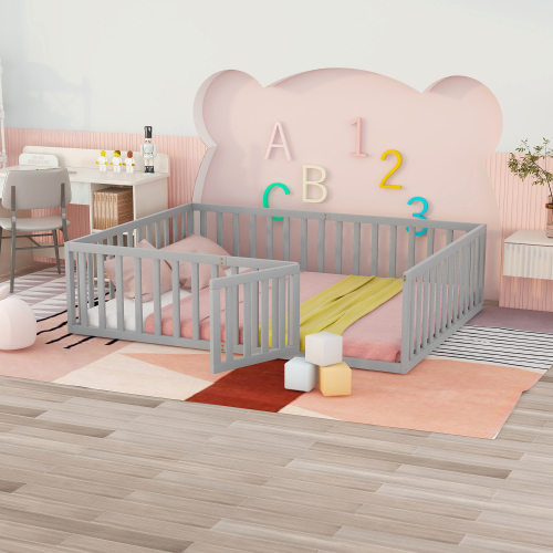 Queen Size Wood Floor Bed Frame with Fence and Door, Gray(OLD SKU:WF289663AAE) - Solid Wood - Not Specified - Not Specified