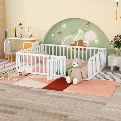 Queen Size Wood Floor Bed Frame with Fence and Door, White(OLD SKU:WF289663AAK) - Solid Wood