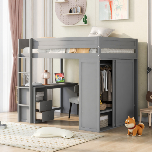 Wood Full Size Loft Bed with Wardrobes and 2-Drawer Desk with Cabinet, Gray - Solid Wood+MDF