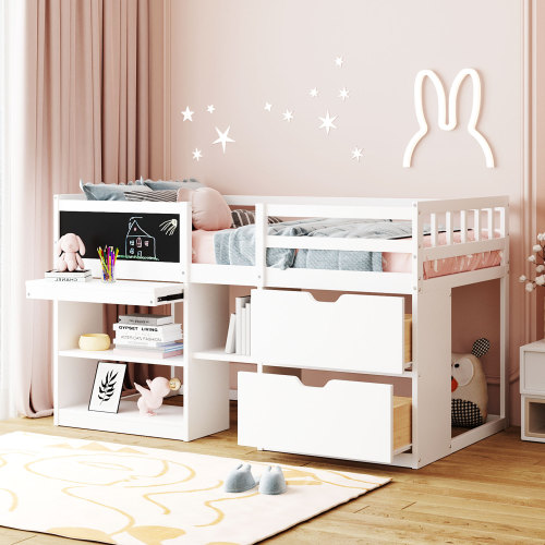 Twin Size Low Loft Bed with Rolling Desk, Shelf and Drawers - White - Solid Wood