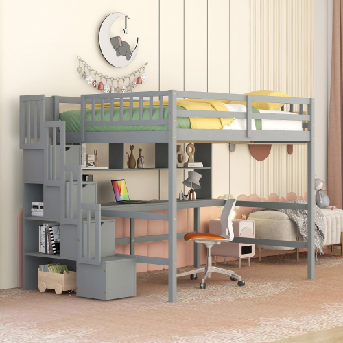 Full Size Loft Bed with Desk, Storage shelves and Staircase,Grey - Pine - American Design