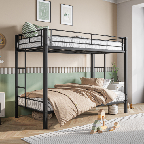 Metal Bunk Bed Twin Over Twin, Heavy Duty Twin Bunk Beds with shelf and Slatted Support No Box Spring Needed Black - Bedroom - Box Spring Not Required