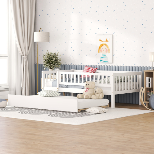 Twin Size Wood Daybed with Trundle and Fence Guardrails, White - Solid Wood+MDF - Solid Wood