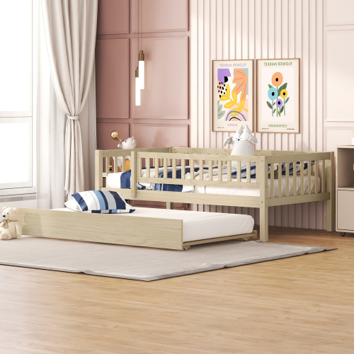 Twin Size Wood Daybed with Trundle and Fence Guardrails, Natural - Solid Wood+MDF - Solid Wood