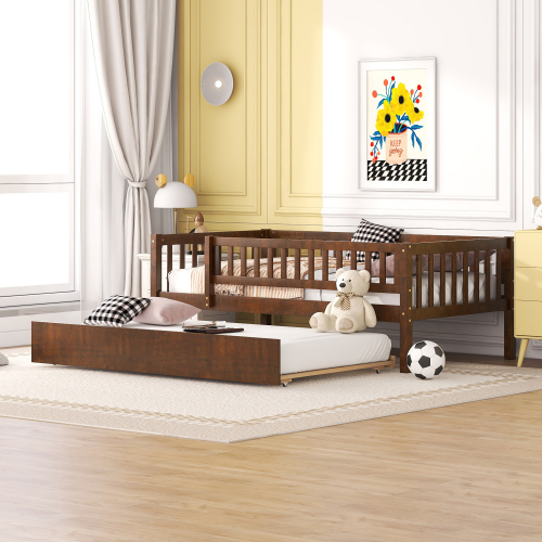 Twin Size Wood Daybed with Trundle and Fence Guardrails, Walnut - Solid Wood+MDF - Solid Wood