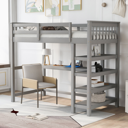 Twin Size Loft Bed with Storage Shelves, Gray - Pine - Pine - Not Specified - Not Specified - Not Specified - Not Specified