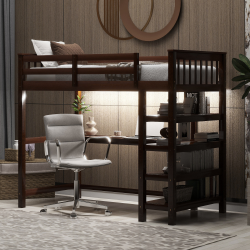 Twin Size Loft Bed with Storage Shelves and LED, Espresso - Pine - Not Specified - Not Specified - Not Specified - Not Specified - Not Specified