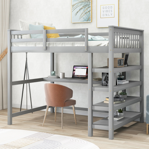Full Size Loft Bed with Storage Shelves and Under-bed Desk, Gray(OLD SKU:SM000246AAE-1) - Pine - Pine - Bedroom - Box Spring Not Required - Wood