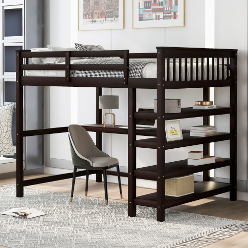 Full Size Loft Bed with Storage Shelves and Under-bed Desk, Espresso(OLD SKU:SM000246AAP-1) - Pine - Not Specified - Bedroom - Box Spring Not Required - Wood