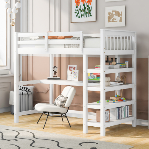 Twin Size Loft Bed with Storage Shelves and Under-bed Desk, White - Pine - Pine - Not Specified - Not Specified - Not Specified - Not Specified