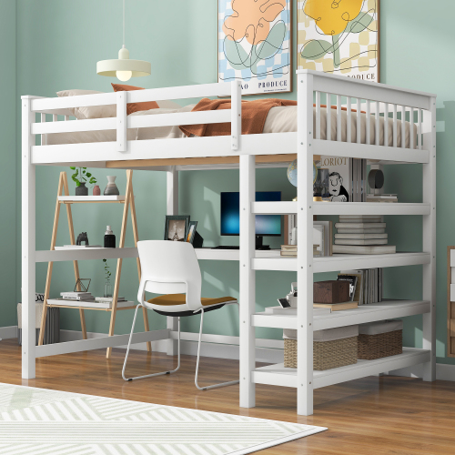 Full Size Loft Bed with Storage Shelves and Under-bed Desk, White - Pine - Pine - Bedroom - Box Spring Not Required - Wood