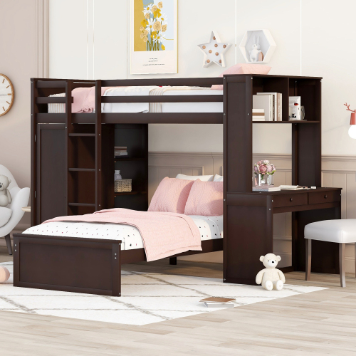 Twin size Loft Bed with a Stand-alone bed, Shelves,Desk,and Wardrobe-Espresso - Solid Wood