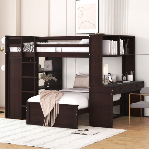 Full size Loft Bed with a twin size Stand-alone bed, Shelves,Desk,and Wardrobe-Espresso - Solid Wood