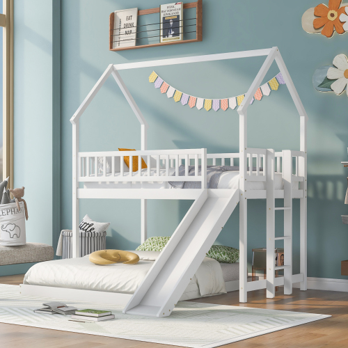 Twin over Full House Bunk Bed with Slide and Built-in Ladder, Full-Length Guardrail, White - Pine - Pine