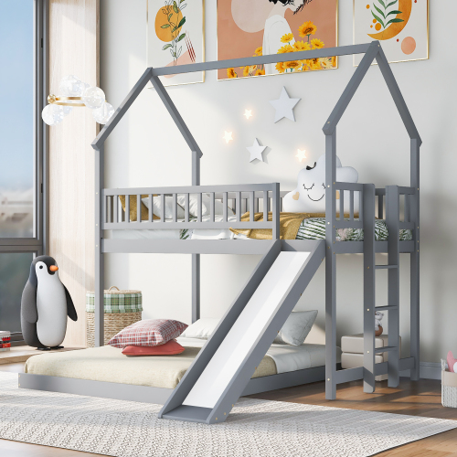 Twin over Full House Bunk Bed with Slide and Built-in Ladder, Full-Length Guardrail, Gray - Pine - Pine