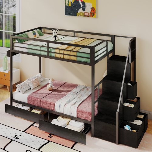 Bunk Bed Twin Over Twin with Stairs, 8 Storage Drawers ,Full-Length Guardrail, Space-Saving Bed for Dorm, Bedroom, Apartment - Black - Metal