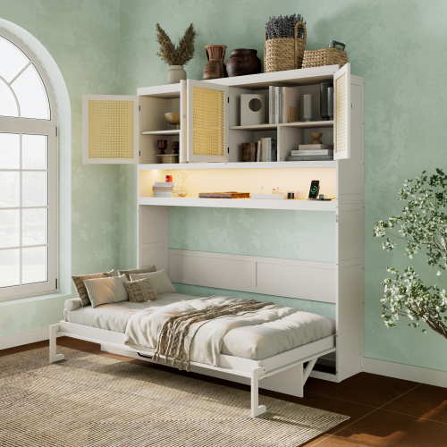 Twin Size Murphy Bed with Top Cabinet,Space Saving Foldable Bed with Light & USB,White - MDF+LVL,Plywood - MDF