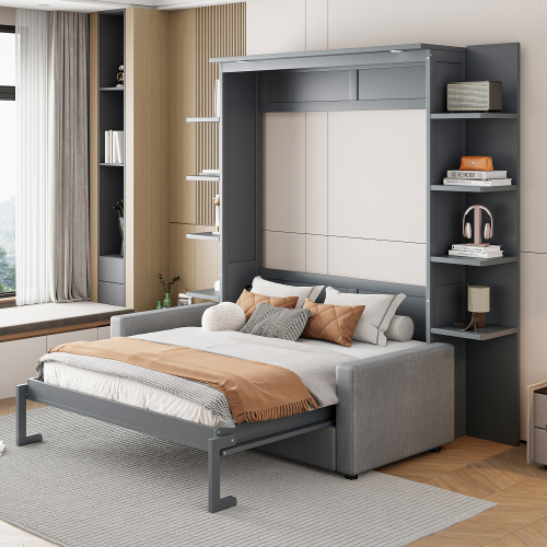 Queen Size Murphy Bed Wall Bed with Sofa,Gray(OLD SKU:LP000591AAE-2) - MDF+LVL - MDF