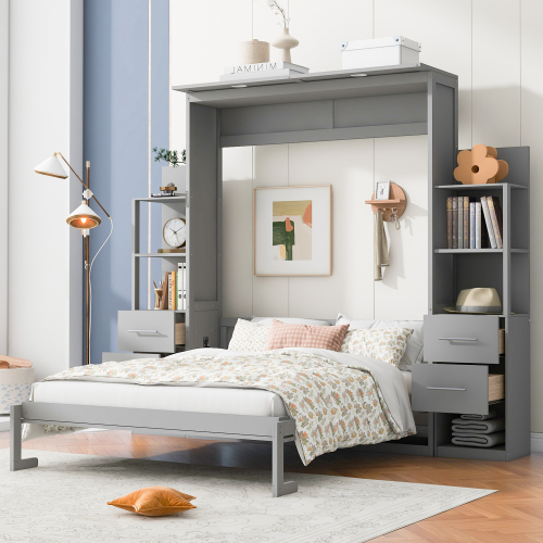 Queen Size Murphy Bed Wall Bed with Shelves, Drawers and Lights,Gray(OLD SKU:LP000566AAE-2) - MDF+LVL - MDF