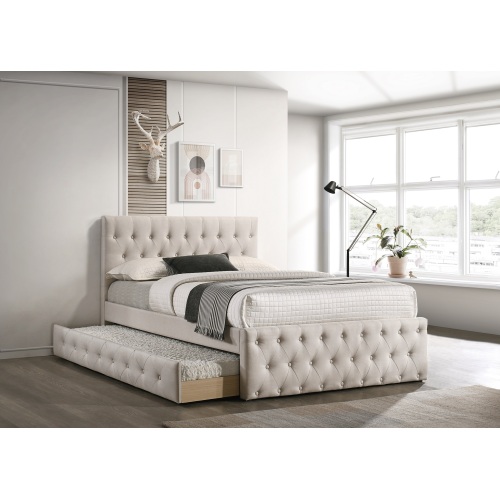 Contemporary Twin Size Bed w/ Trundle Slats Light Brown Burlap Upholstered Tufted Headboard Footboard Youth Bedroom Furniture wooden Slats 1pc Bed - Particle Board - MDF - Contemporary,Modern,Transitional