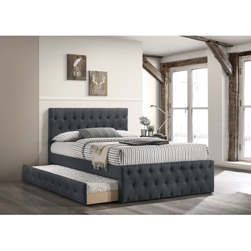 Contemporary Full Size Bed w/ Trundle Slats Charcoal Burlap Upholstered Button Tufted Headboard Footboard Youth Bedroom Furniture wooden Slats 1pc Bed - Charcoal grey - Particle Board - MDF - Contemporary,Modern,Transitional