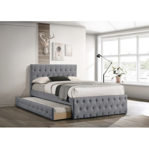 Contemporary Twin Size Bed w/ Trundle Slats Light Grey Burlap Upholstered Button Tufted Headboard Footboard Youth Bedroom Furniture wooden Slats 1pc Bed - Light Gray - Particle Board - MDF - Contemporary,Modern,Transitional