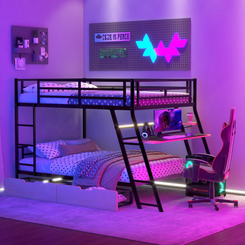 Full Size Metal Bunk Bed with Built-in Desk, Light and 2 Drawers, Black - Metal & Wood - Bedroom - Box Spring Not Required