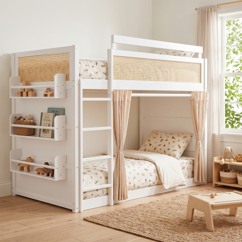 Twin Size Bunk Bed with 3-Tier Storage Shelf, Rattan Decor, Privacy Curtains & Lights, Modern Wood Bunk Bed Frame-White - MDF,Pine,Plywood - MDF