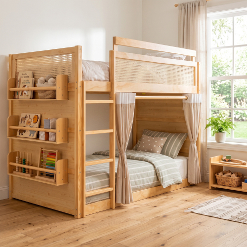 Twin Size Bunk Bed with 3-Tier Storage Shelf, Rattan Decor, Privacy Curtains & Lights, Modern Wood Bunk Bed Frame-Natural - MDF,Pine,Plywood - MDF