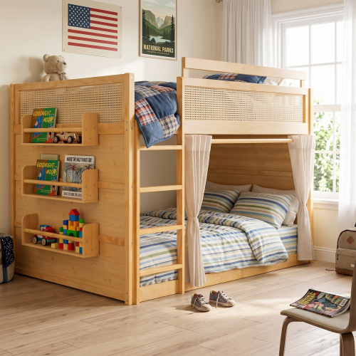 Full Size Bunk Bed with 3-Tier Storage Shelf, Rattan Decor, Privacy Curtains & Lights, Modern Wood Bunk Bed Frame-Natural - MDF,Pine,Plywood - MDF