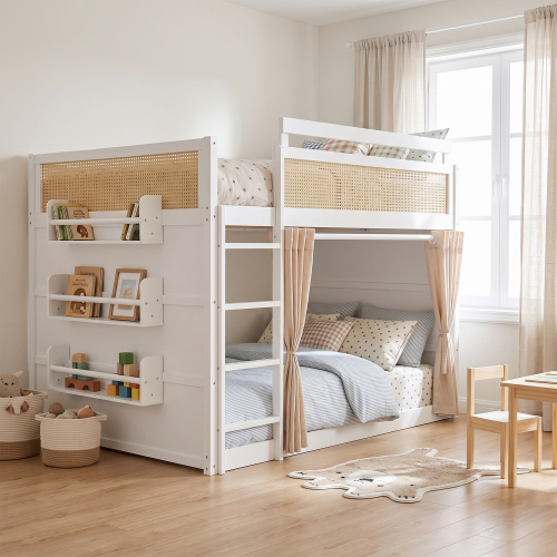 Full Size Bunk Bed with 3-Tier Storage Shelf, Rattan Decor, Privacy Curtains & Lights, Modern Wood Bunk Bed Frame-White - MDF,Pine,Plywood - MDF