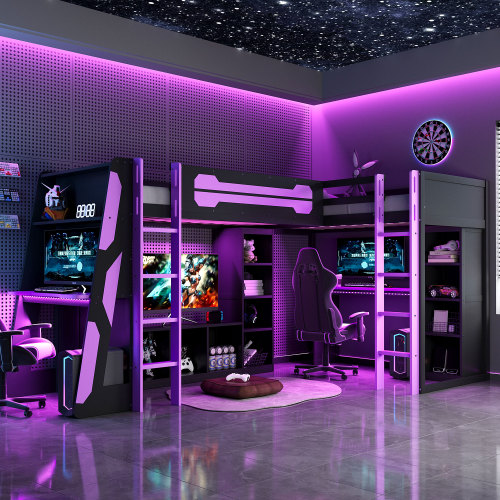 L-Shaped Wooden twin Size Gaming Bed Frame with RGB LED Lights, Dual twin Beds, USB Ports, TV Stand & Storage Shelves, Reversible Layout, Space-Saving Wood Loft Bed for Teens & Adults-Purple - Not Specified