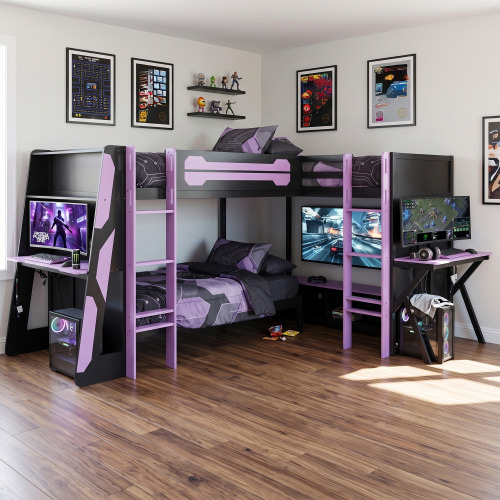 L-Shaped Wooden twin Size Gaming Bed Frame with RGB LED Lights, Triple twin Beds, USB Ports, TV Stand & Storage Shelves, Reversible Layout, Space-Saving Wood Loft Bed for Teens & Adults-Purple - Not Specified