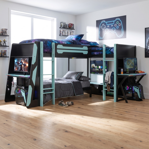 L-Shaped Wooden twin Size Gaming Bed Frame with RGB LED Lights, Dual twin Beds, USB Ports, TV Stand & Storage Shelves, Reversible Layout, Space-Saving Wood Loft Bed for Teens & Adults-Blue - Blue - Wood - Blue - Wood