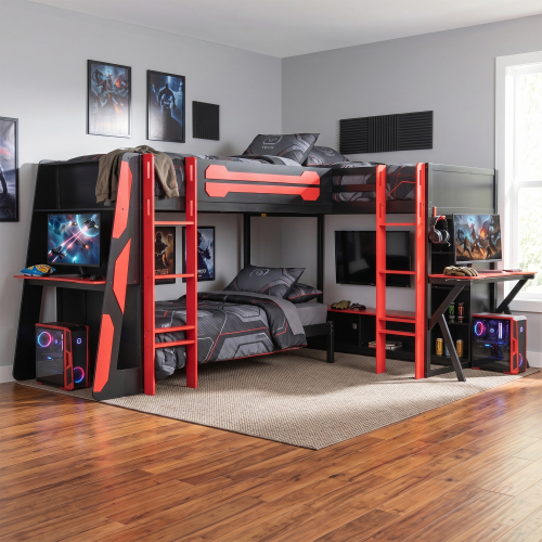 L-Shaped Wooden twin Size Gaming Bed Frame with RGB LED Lights, Dual twin Beds, USB Ports, TV Stand & Storage Shelves, Reversible Layout, Space-Saving Wood Loft Bed for Teens & Adults-Red - Red - Wood - Red - Wood