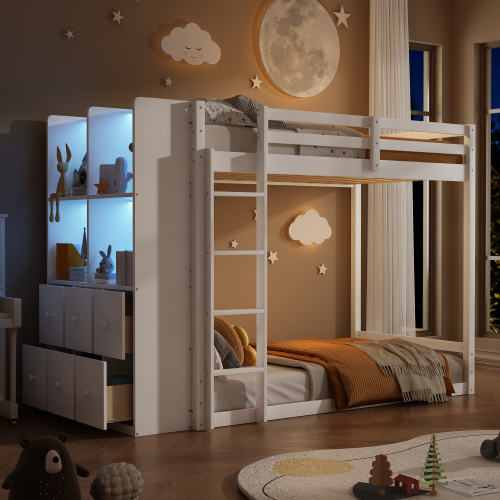 Twin Size Bunk Bed with Drawers, Shelves and Light, White - MDF,Pine,Plywood - MDF